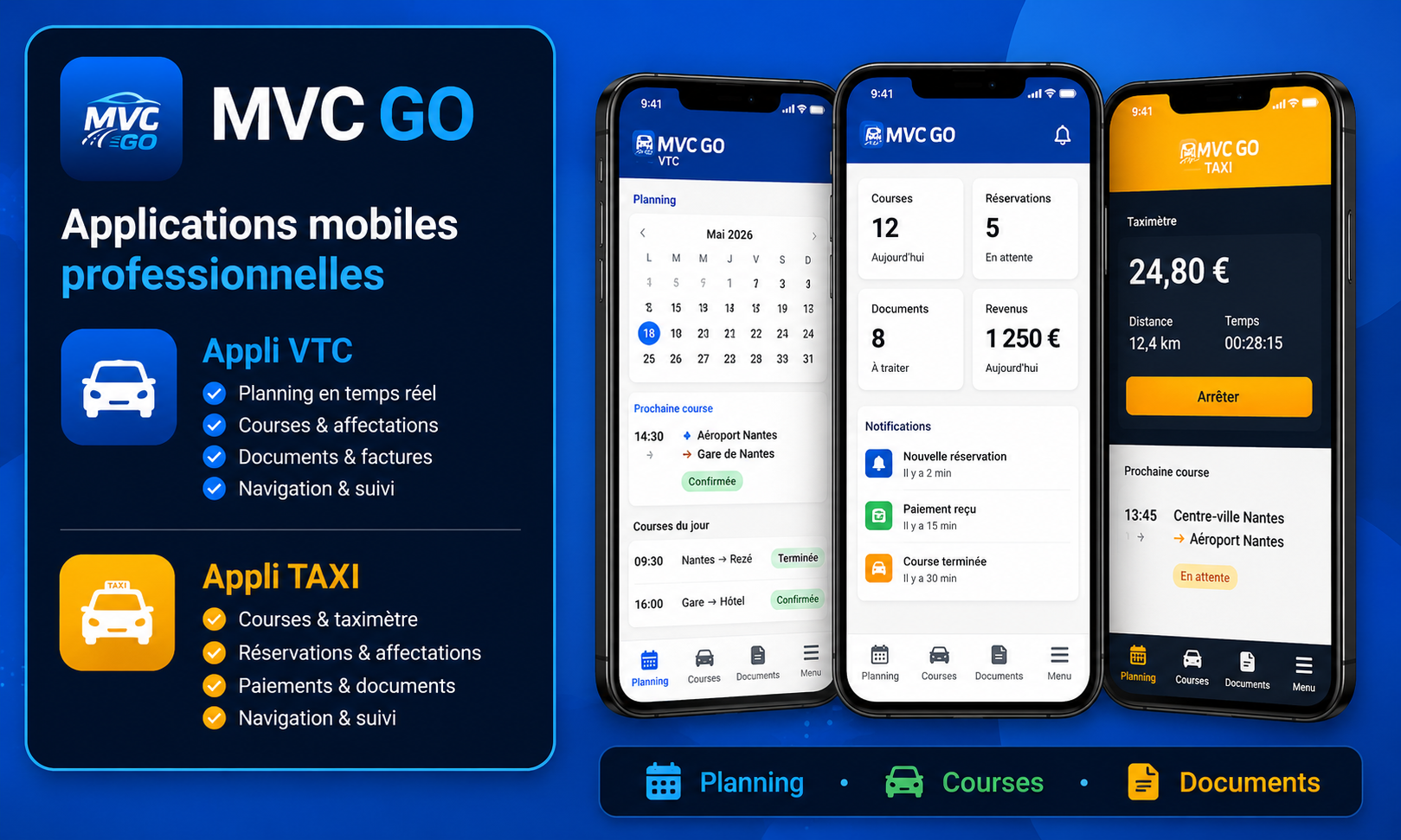 Applications mobiles professionnelles MVC GO VTC et Taxi développées par MVC Apps