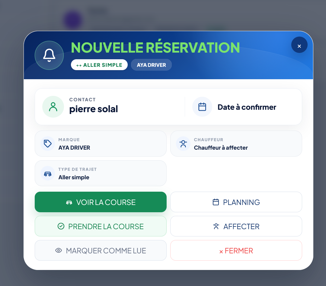 Nouvelle réservation reçue dans MVC GO