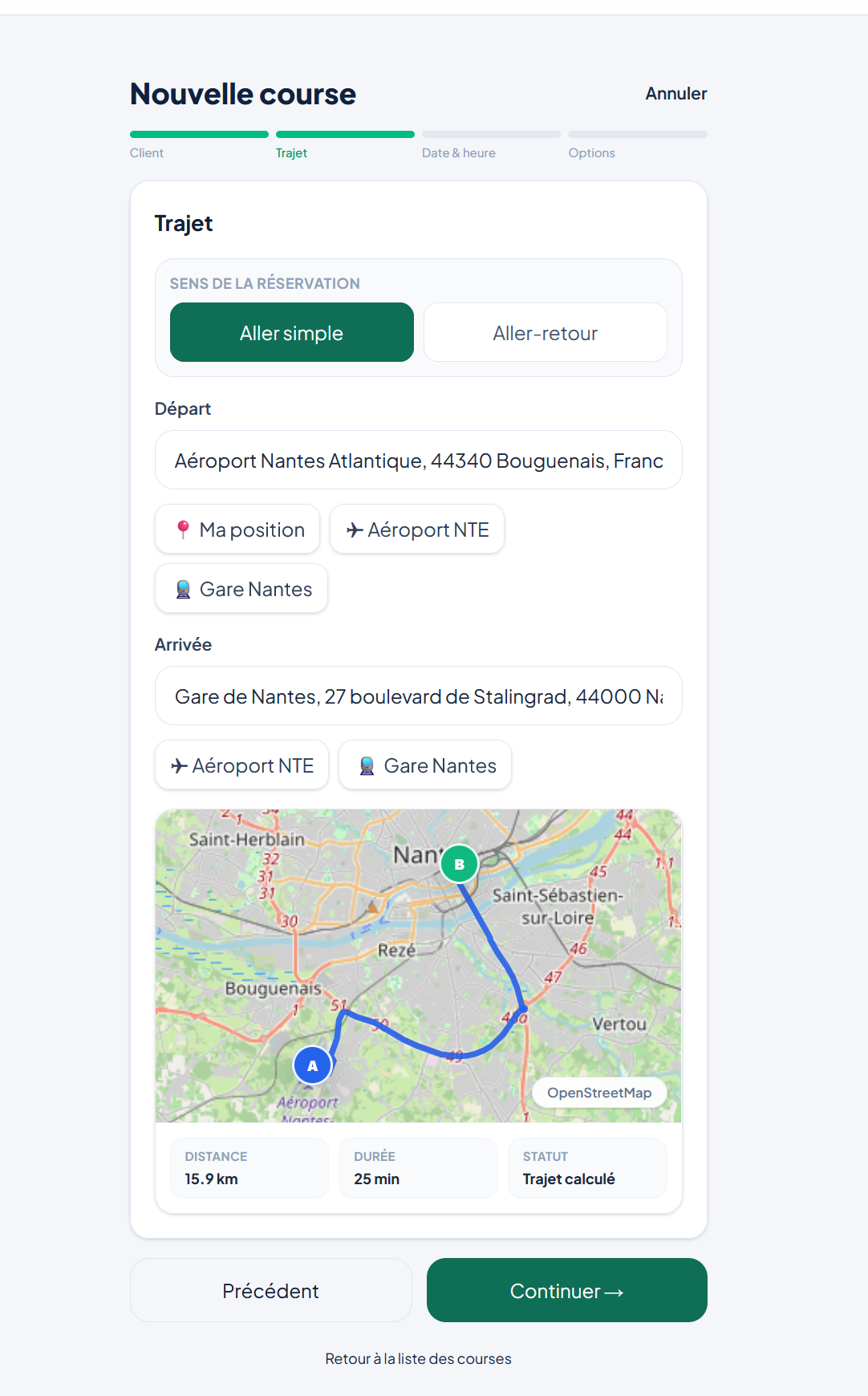 Écran mobile réel d’un trajet dans MVC GO